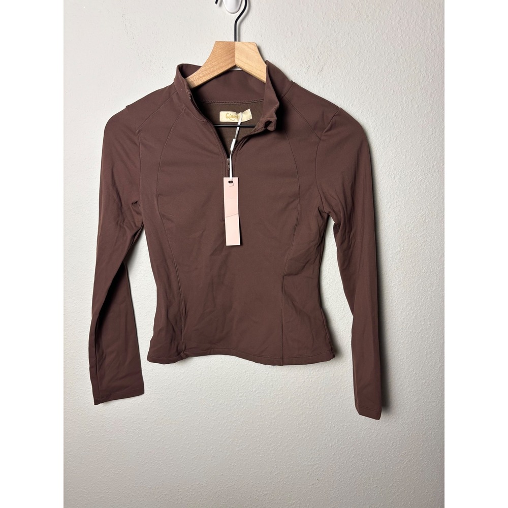 Qinsen Womens Quarter Zip Long Sleeve Athletic Top Brown Size Small NWT